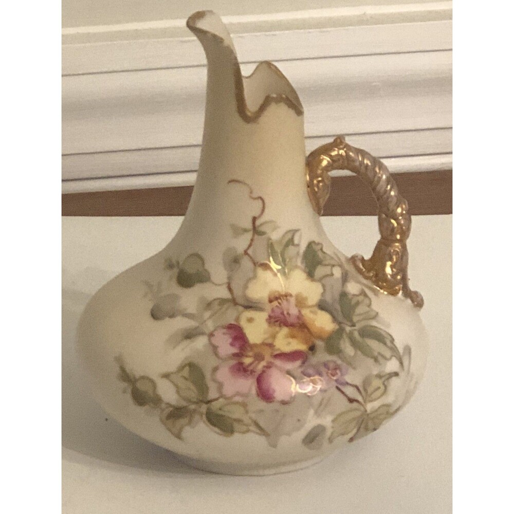 Antique Art Nouveau Ewer Austria Pink Floral Pitcher 5 1/4”h gold Handle